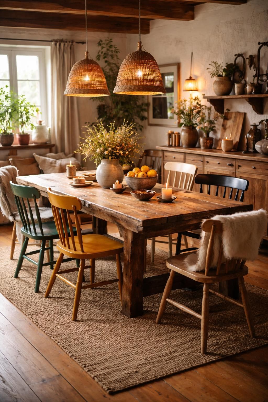 découvrez comment créer une ambiance chaleureuse et conviviale dans votre coin repas grâce à des tables en bois massif associées à des chaises dépareillées pour un style unique et accueillant.