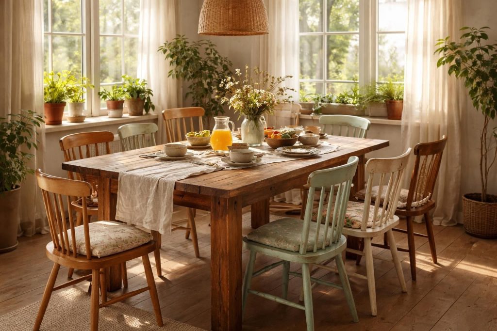 découvrez comment créer une ambiance chaleureuse et conviviale dans votre coin repas grâce à des tables en bois massif accompagnées de chaises dépareillées pour un style unique et accueillant.