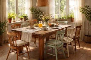 découvrez comment créer une ambiance chaleureuse et conviviale dans votre coin repas grâce à des tables en bois massif accompagnées de chaises dépareillées pour un style unique et accueillant.