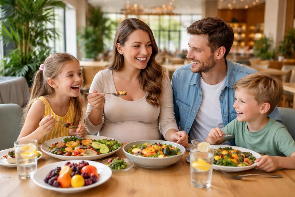 conseils pour manger équilibré au restaurant en famille pendant la grossesse, afin de préserver la santé de maman et bébé tout en profitant d'un repas convivial.